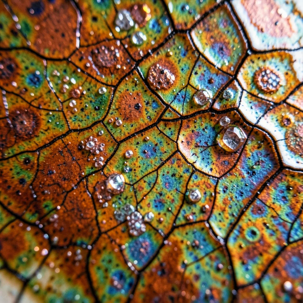 Raku crackle metallic, post-reduction copper matte luster with dark crackle line