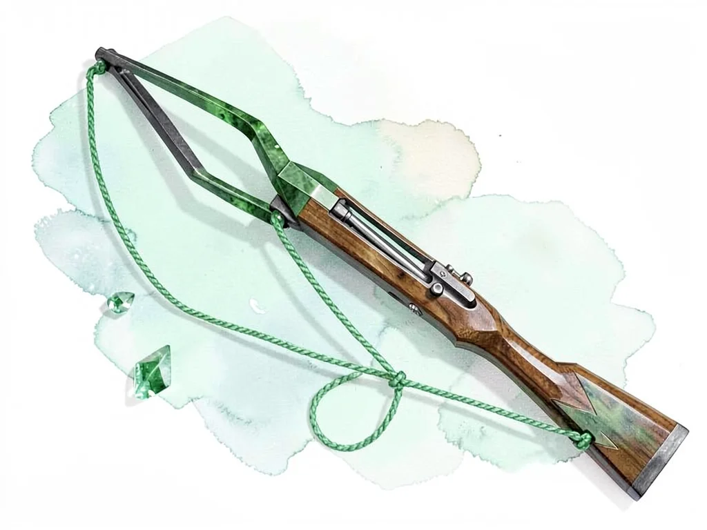 Polished peridot lowpoly crossbow with a faceted stock and stretched green cryst
