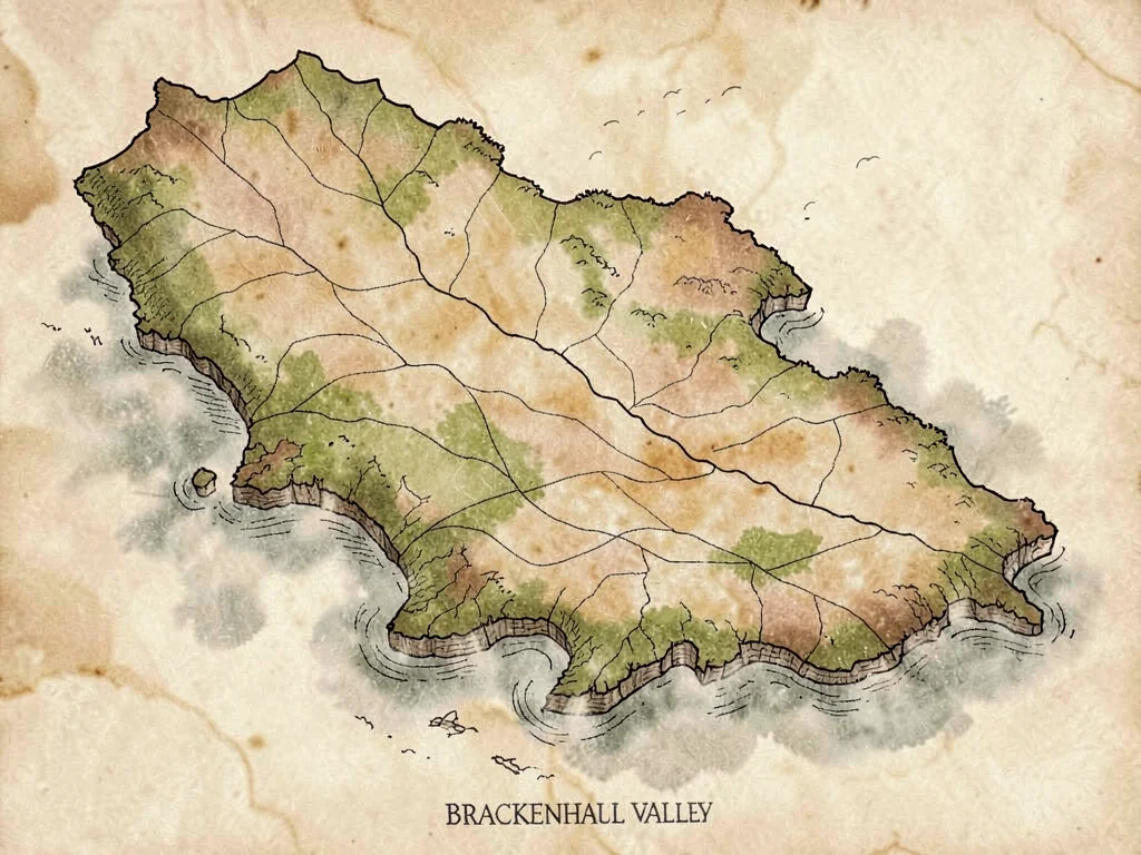 Hand-drawn regional map of the brackenhaul valley on warm parchment, ink-tooled 