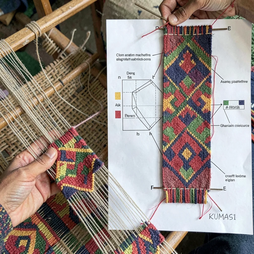 Kumasi kente weaving process, strip loom geometry, Design sketch on paper next t