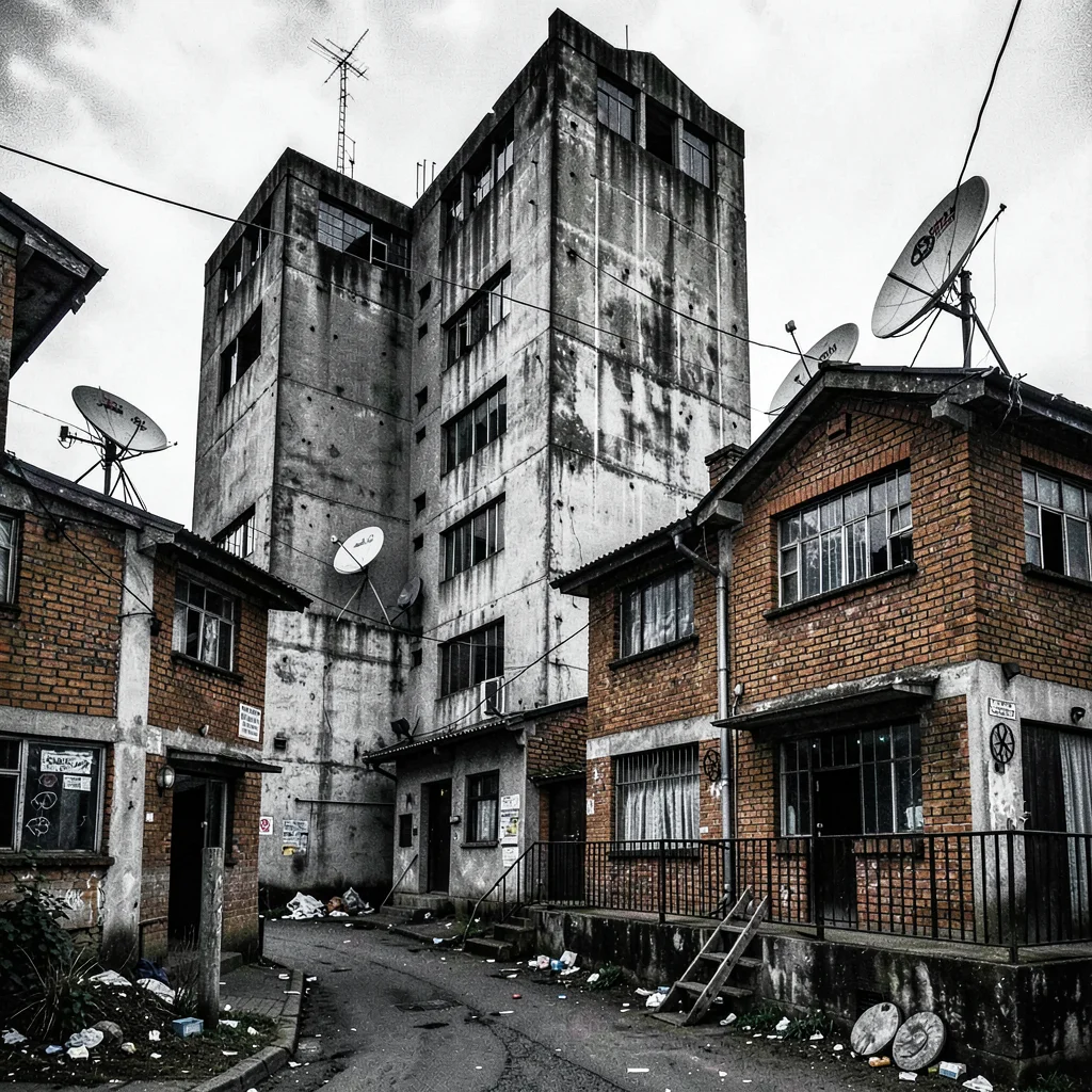 Post-industrial Johannesburg brutalism with harsh flash, Soweto matchbox houses 