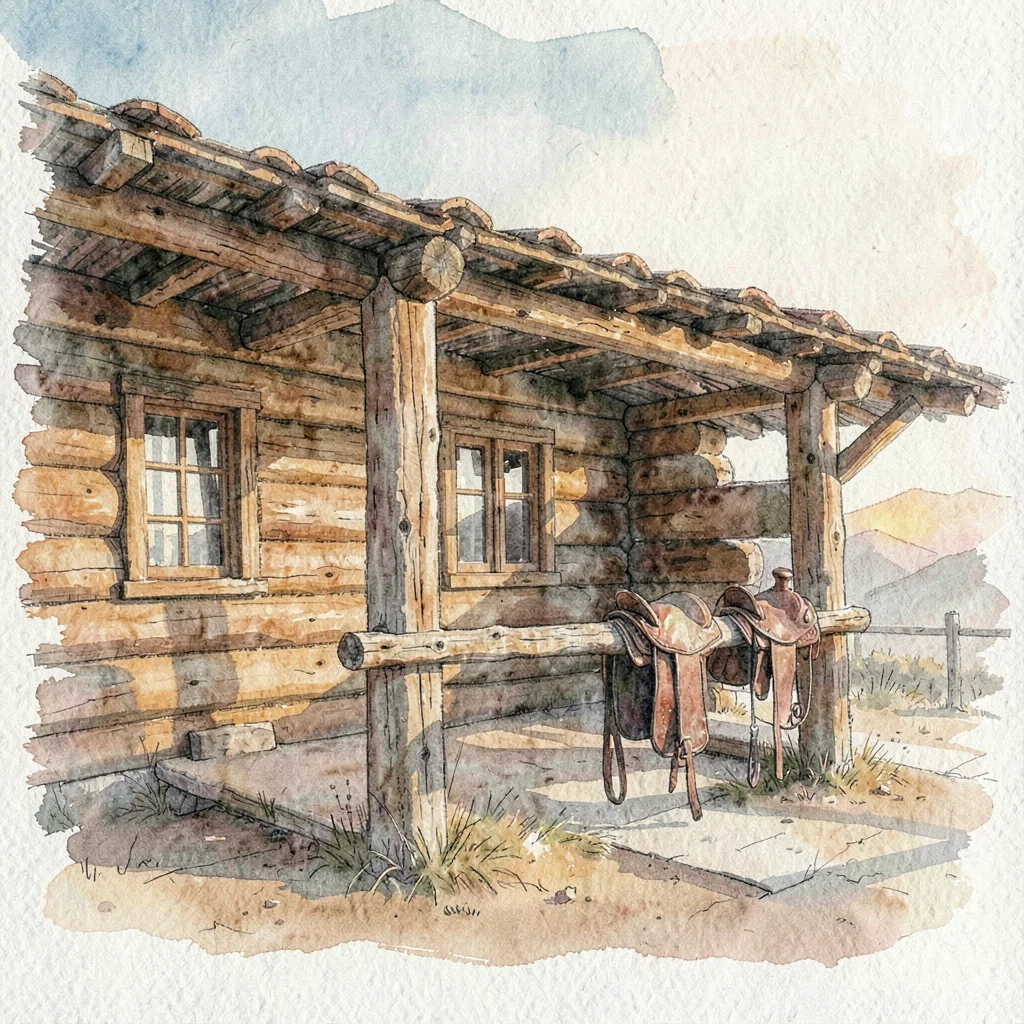 a Mongolian horse station at clear afternoon, low log walls warmed amber, two sa