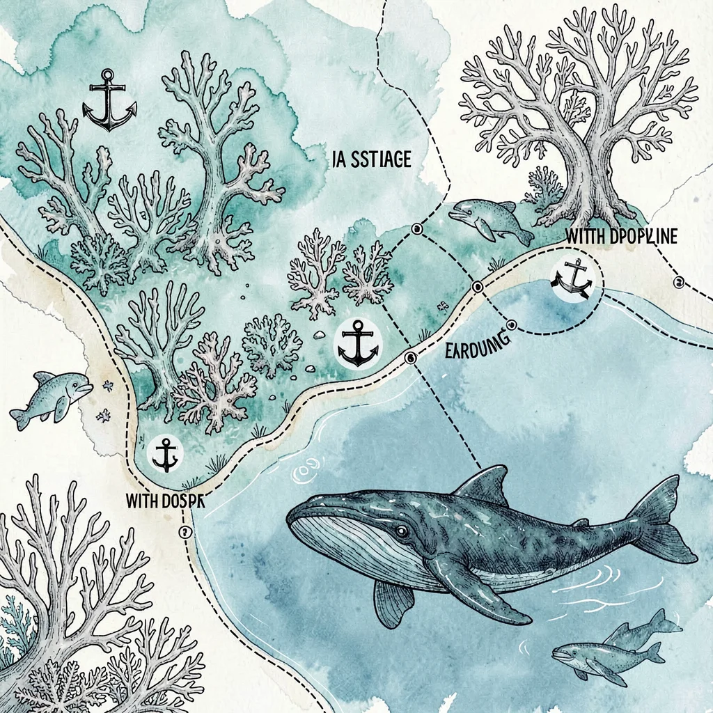A marine wildlife sanctuary map with coral reefs in turquoise wash, three dive s