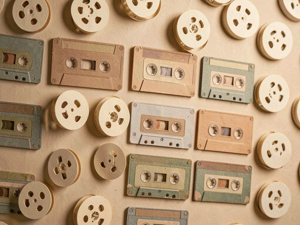 Papercraft motif of a paper-cut wall of cassettes with paper-cut tape spools, ge