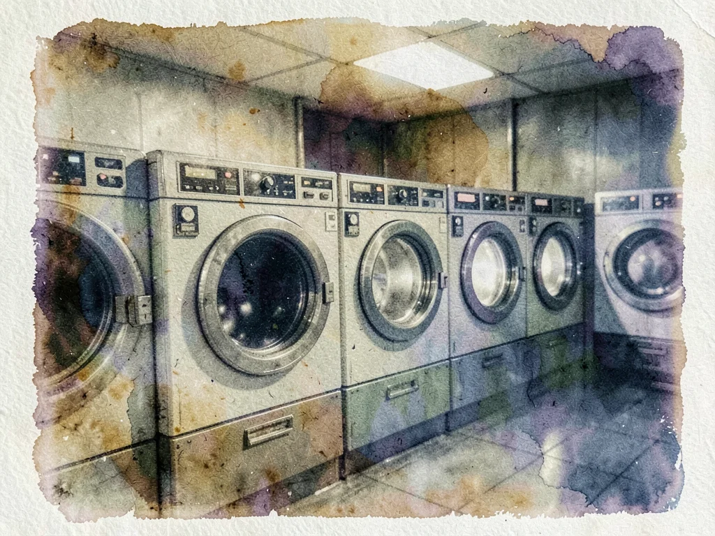 Coin-operated laundromat at night, rows of dryers with round windows glowing, et
