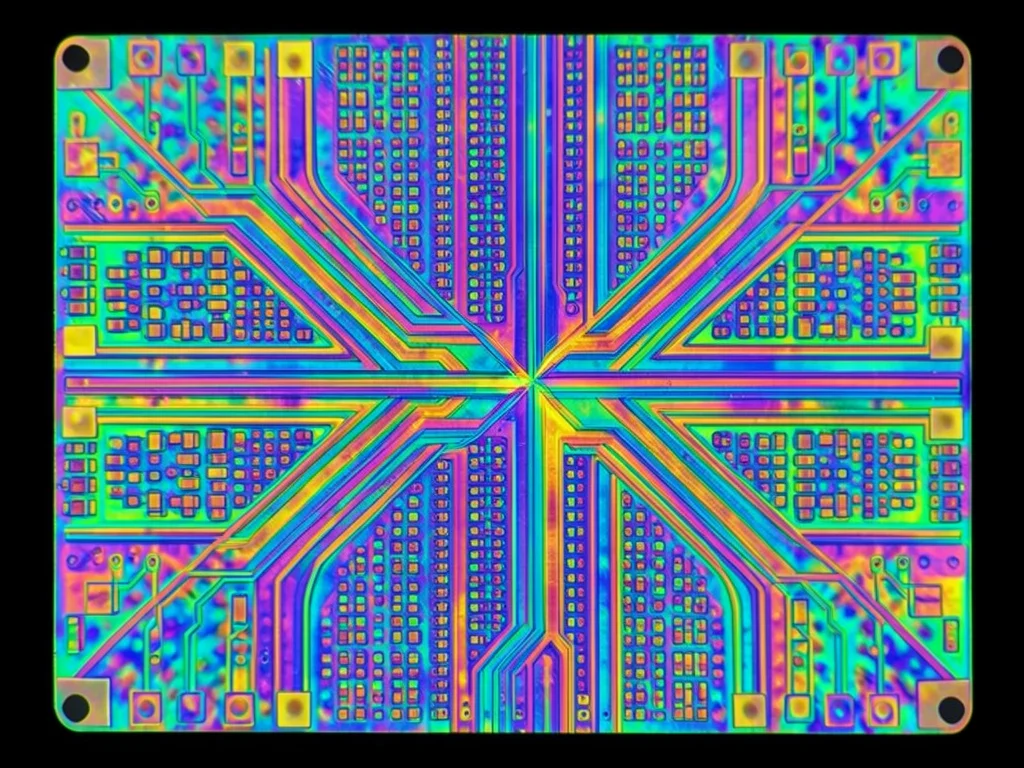 Power distribution grid, wide metal bus lines carrying current across die surfac