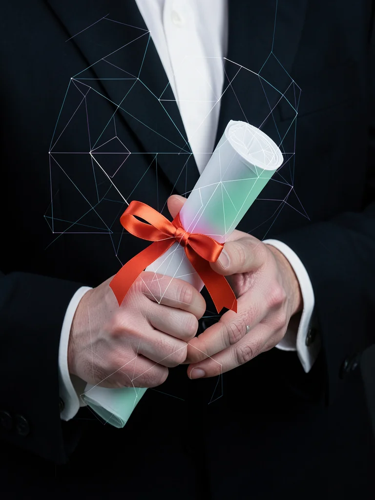 Hands holding rolled diploma with ribbon, close-up, formal attire visible