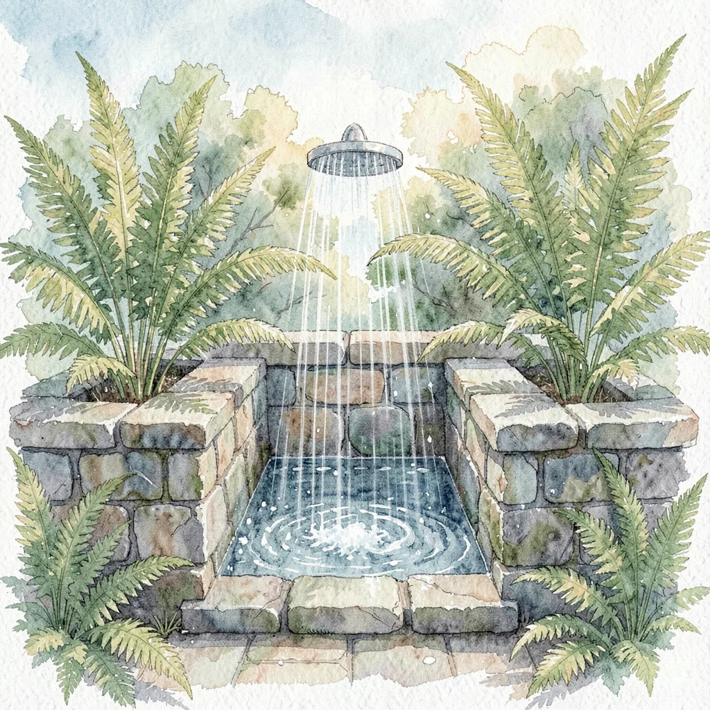 Atmospheric scene of an outdoor shower in a stone enclosure surrounded by tall f