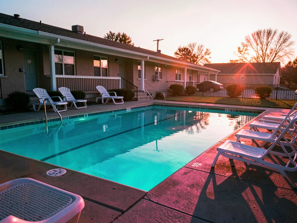 Empty motel pool at golden hour, cross-processed until water glows toxic cyan, p