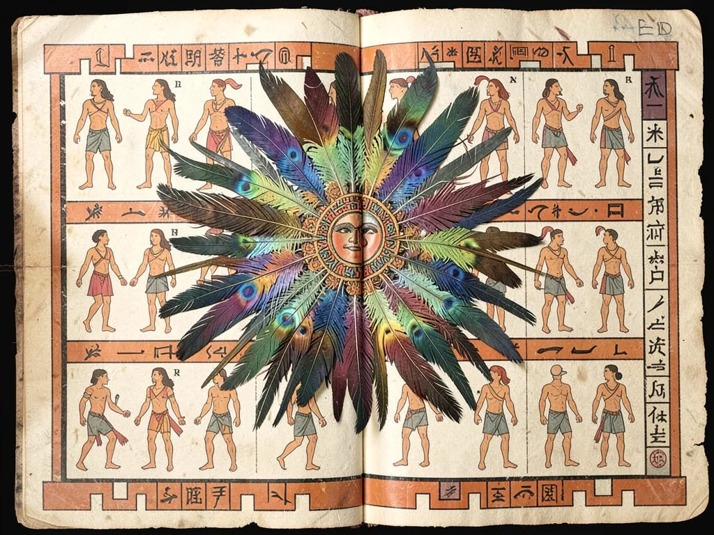 Feathered headdress detail — iridescent quetzal plumes fanning from central band