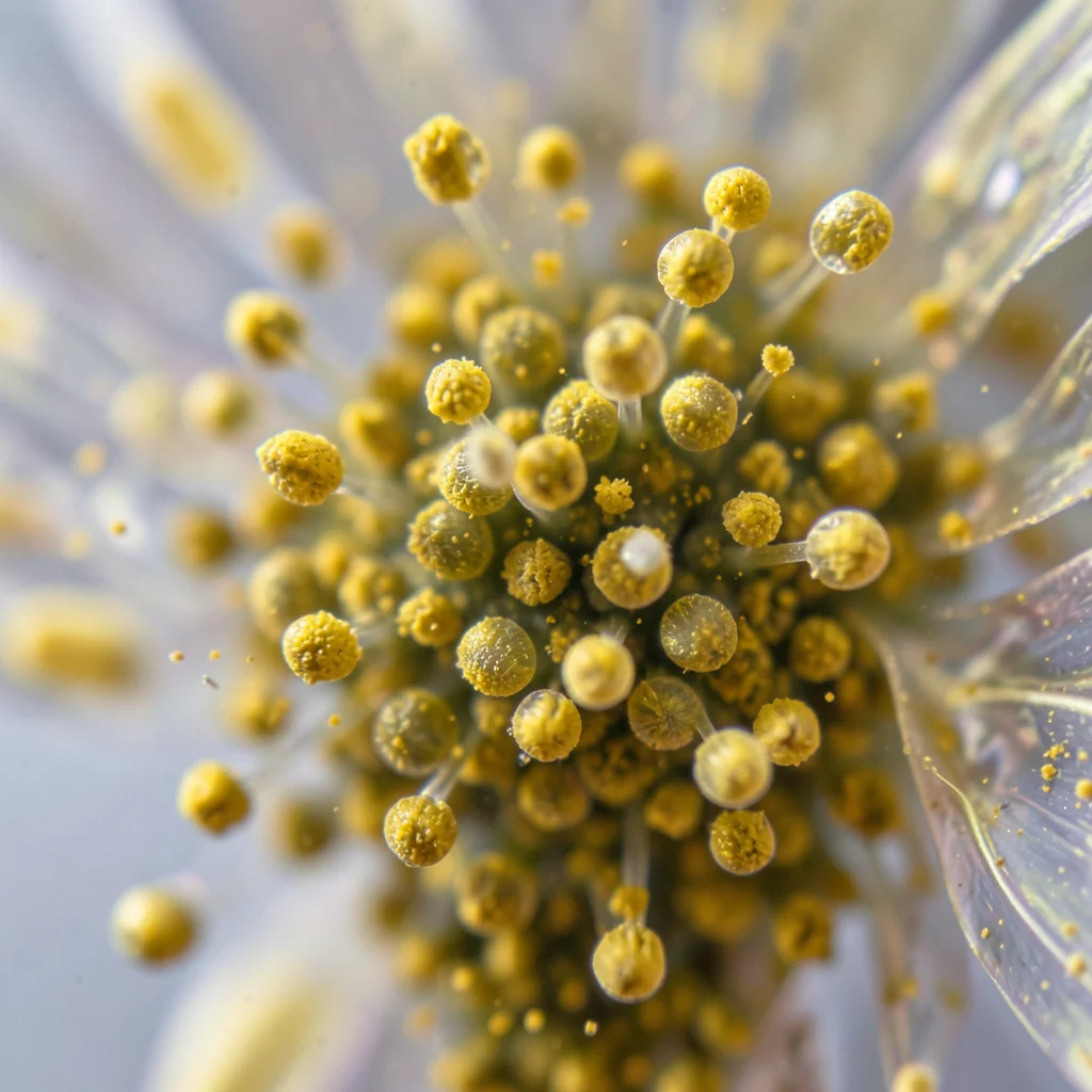 Extreme close-up of pollen grains on flower stamen, golden dust detail
