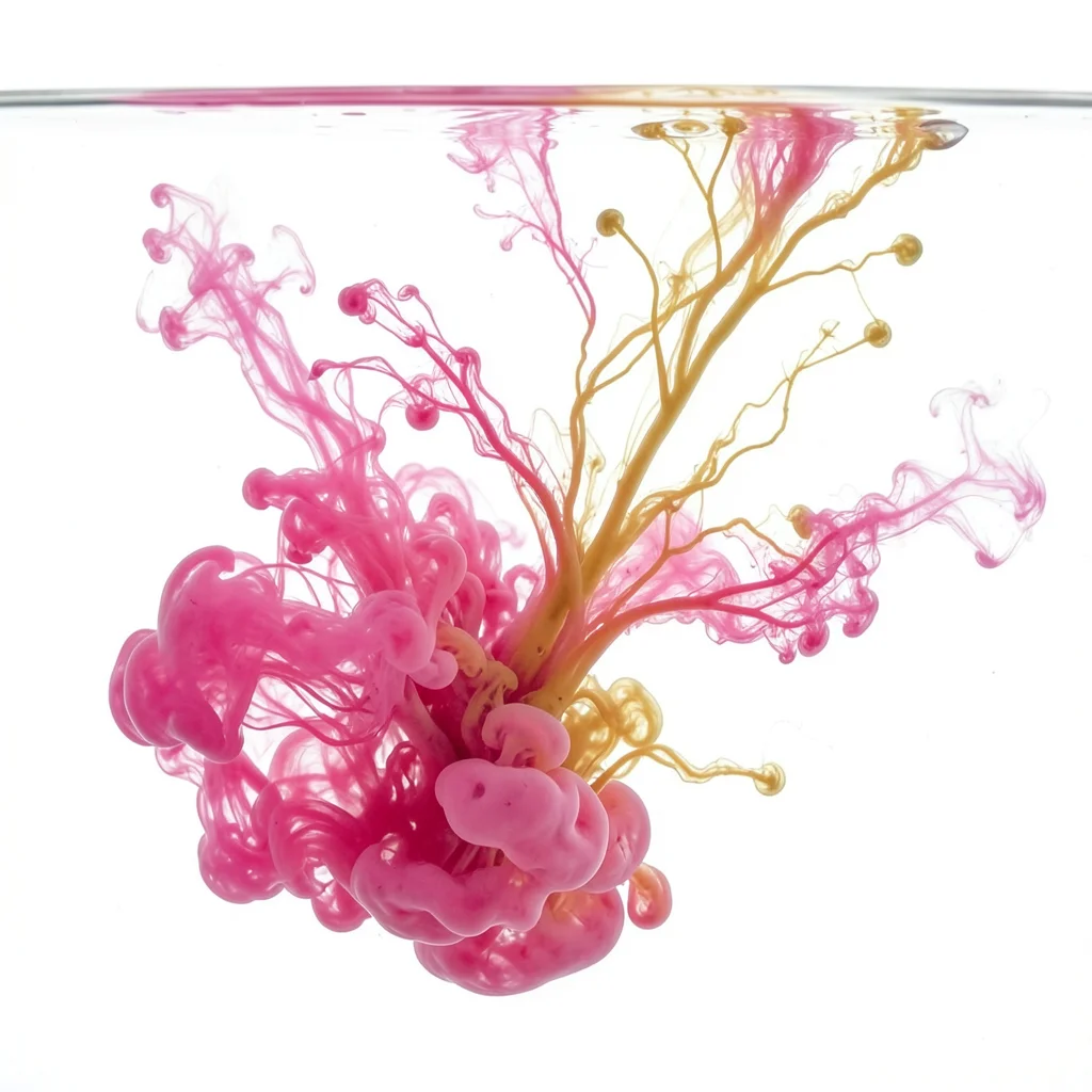 Pink and gold ink blooming in water, gentle swirling like embrace