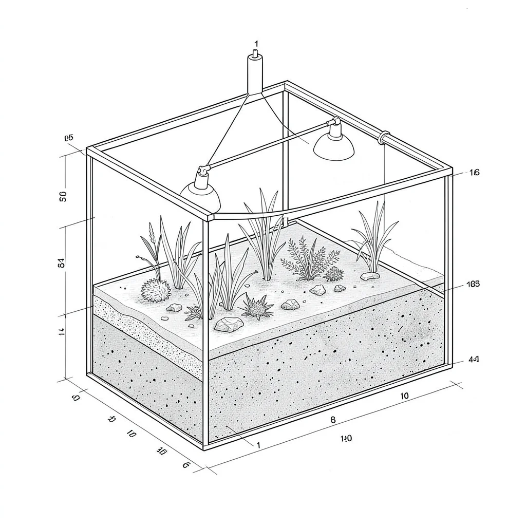 Blueprint-style cutaway of a vivarium showing substrate layers, drainage, and li