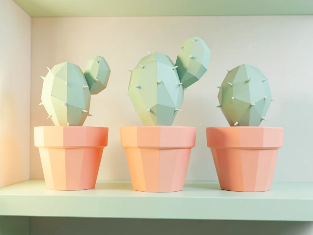 Geometric lowpoly cactus trio in coral pots arranged neatly on a mint shelf with