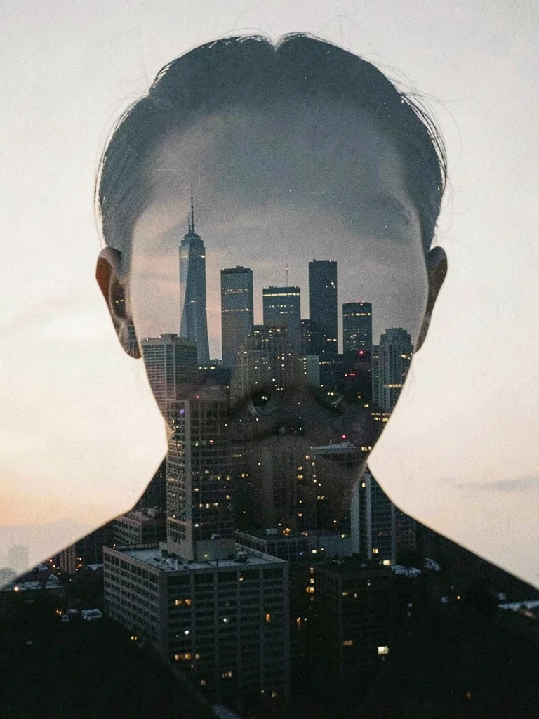 City skyline through face silhouette