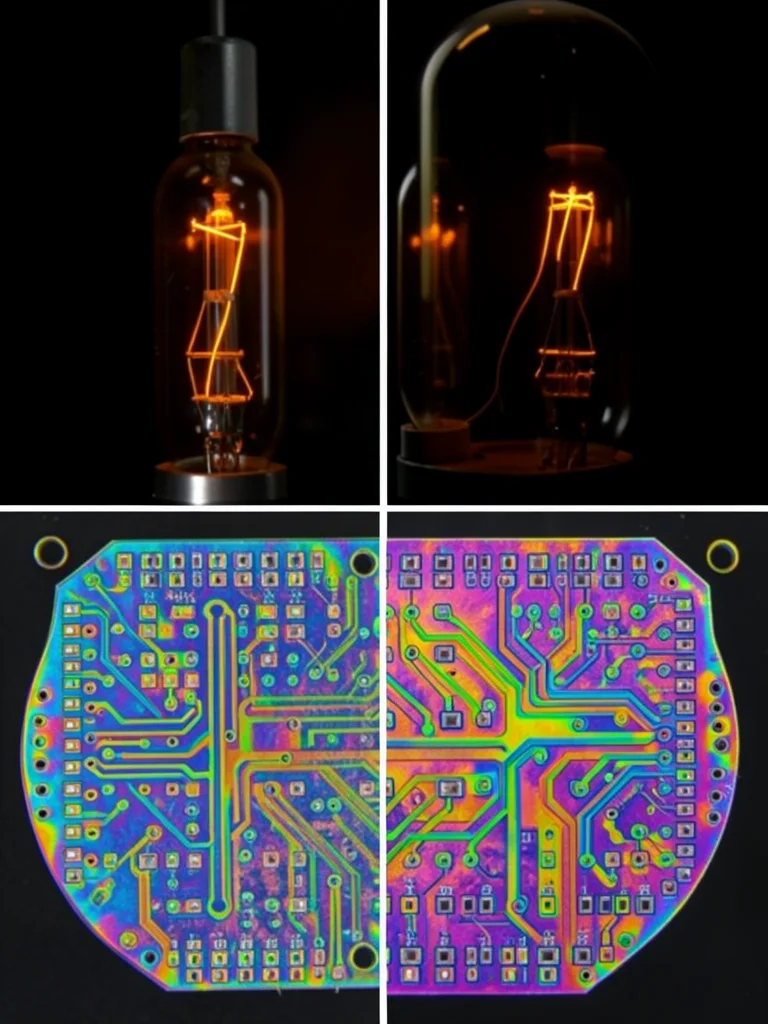 Vacuum tube glowing orange in darkness, heated filament visible through glass en