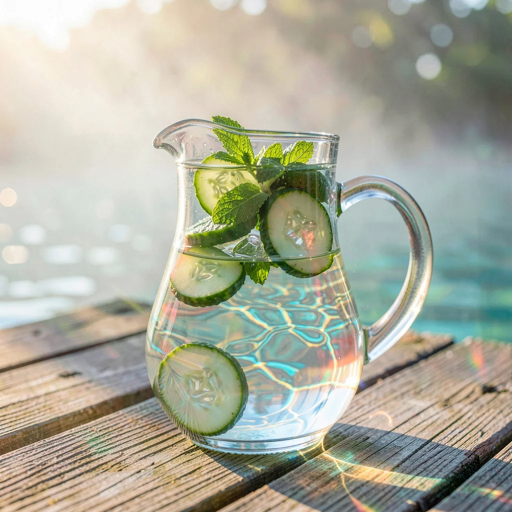 Soft diffused tropical light filtering through water vapor, A glass pitcher of w