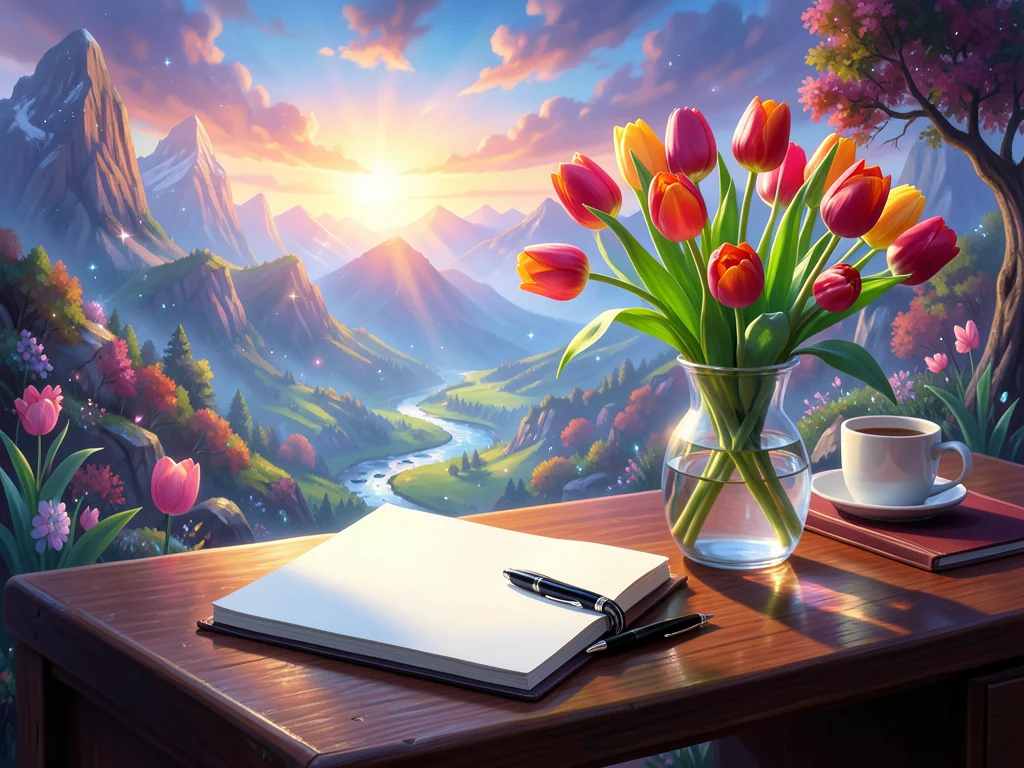Empty notebook on desk next to vase of fresh tulips, pen ready