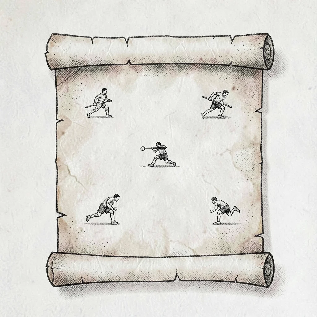 Legend card drawn as a parchment scroll with tiny scrum, lineout and ruck icons,