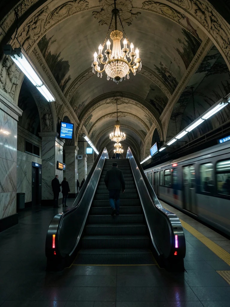 A Moscow metro station: ornate chandeliers, marble arches, a single commuter asc