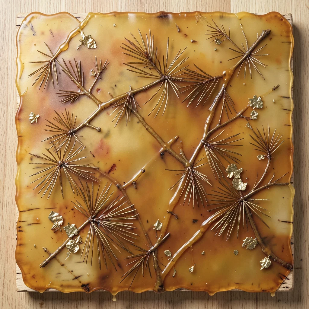Beeswax with embedded pine needles and gold leaf, Christmas texture art