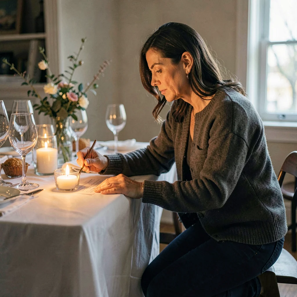 Quiet portrait of a planner kneeling beside a tablescape mock-up adjusting a can