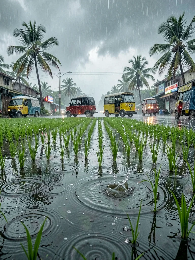 Rain Drops Hitting Paddy Field Water Surface