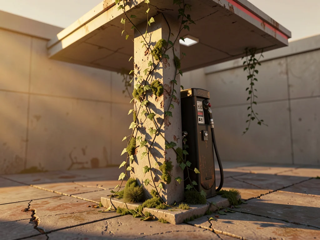 A leaning faceted gas station with vines crawling up the pump column under golde