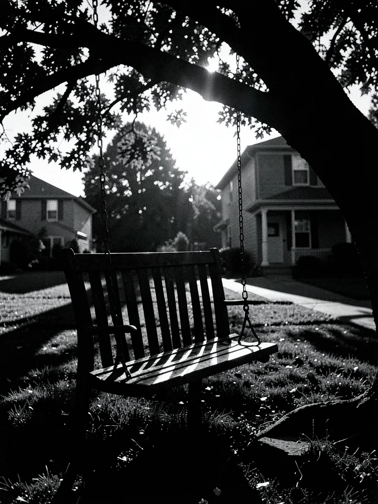 Tree swing in dramatic backlight, empty seat swaying, nostalgic noir atmosphere