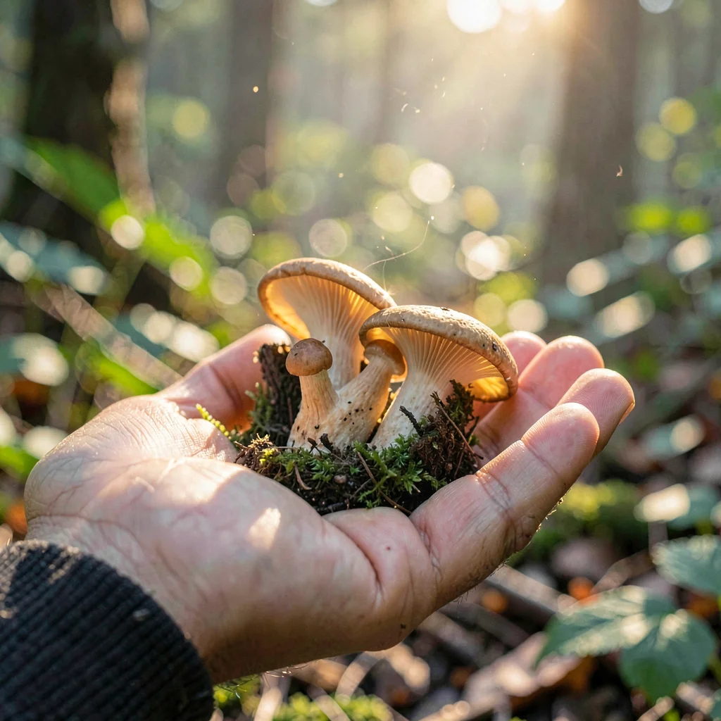 Botanical macro of a forager's open palm cradling fresh chanterelles, golden lig