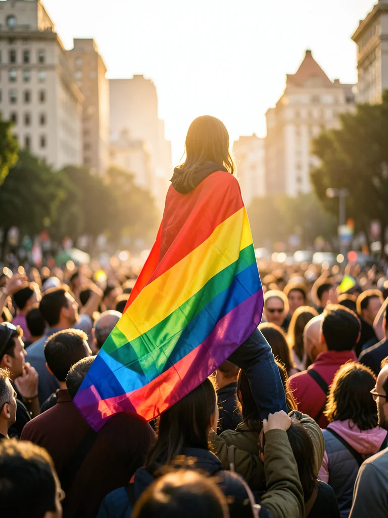 Person on shoulders in crowd, rainbow flag cape, buildings in background