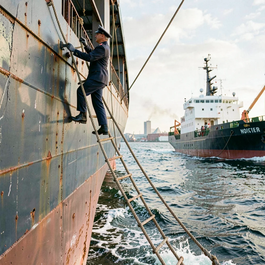 Port city documentary photograph, A harbor pilot climbing a rope ladder on the s