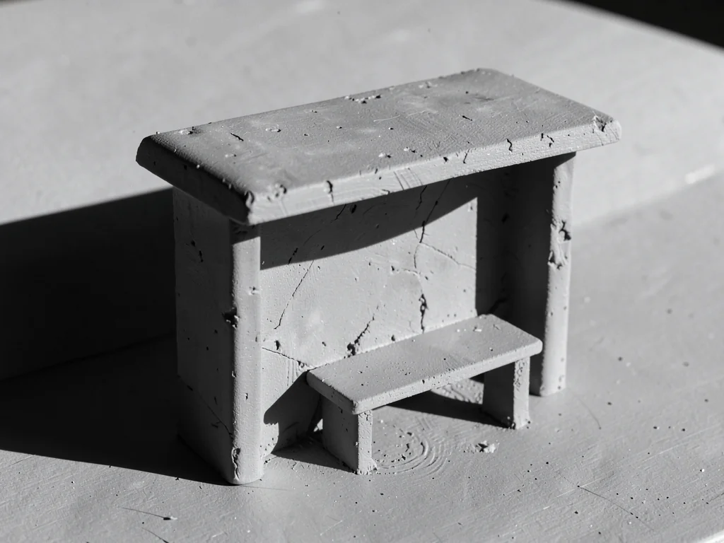 Concrete bus shelter with one heavy roof slab and a single seat, shadow sliced s