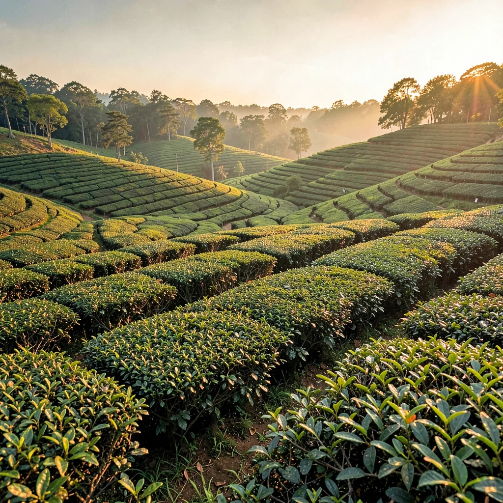 Wide tea garden at golden hour with rolling green rows