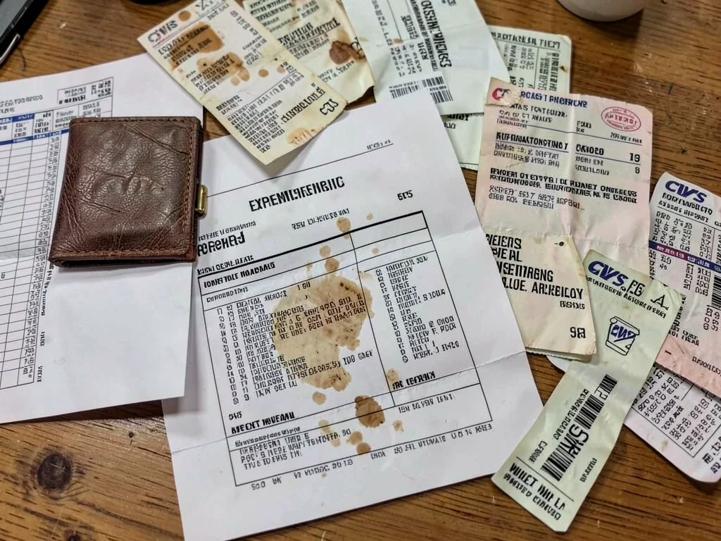 Expense report construction, receipts spread on desk, the reimbursement puzzle, 