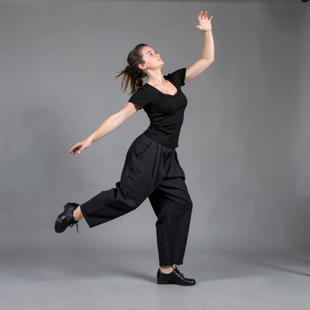 A dancer in rehearsal clothes against seamless gray, caught mid-turn