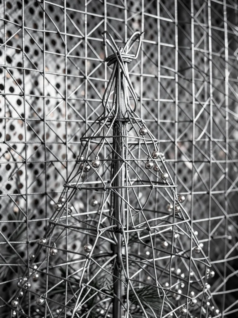 Wire sculpture of Christmas tree with tiny ornament beads, delicate work