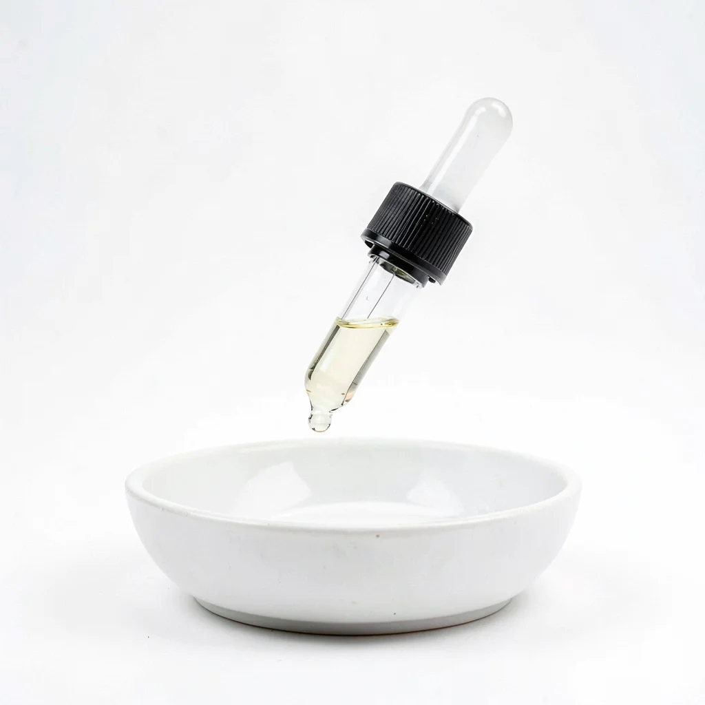 Minimal studio shot of a single glass dropper suspended over a porcelain dish, p