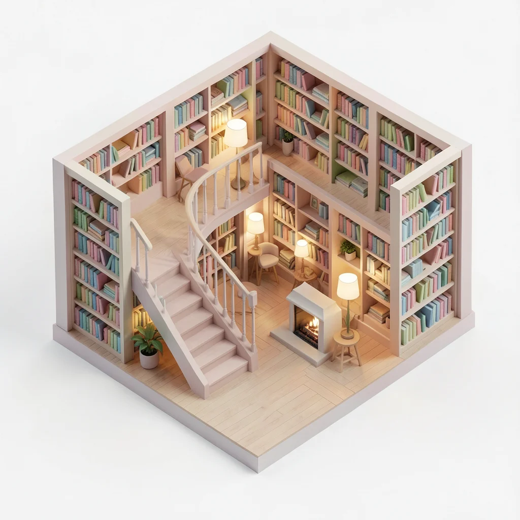 A cozy library: spiral staircase, multiple levels of bookshelves, reading alcove
