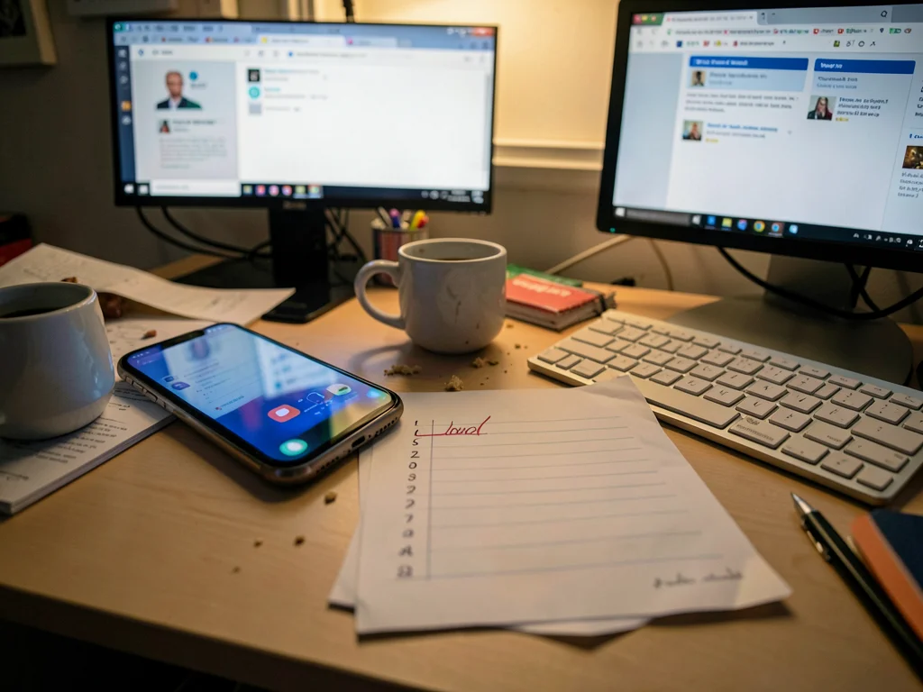 Desk with phone face-down but glowing, to-do list with single item crossed off f