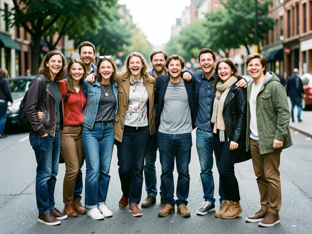 Group of diverse graduates arm in arm, laughing, casual outdoor portrait