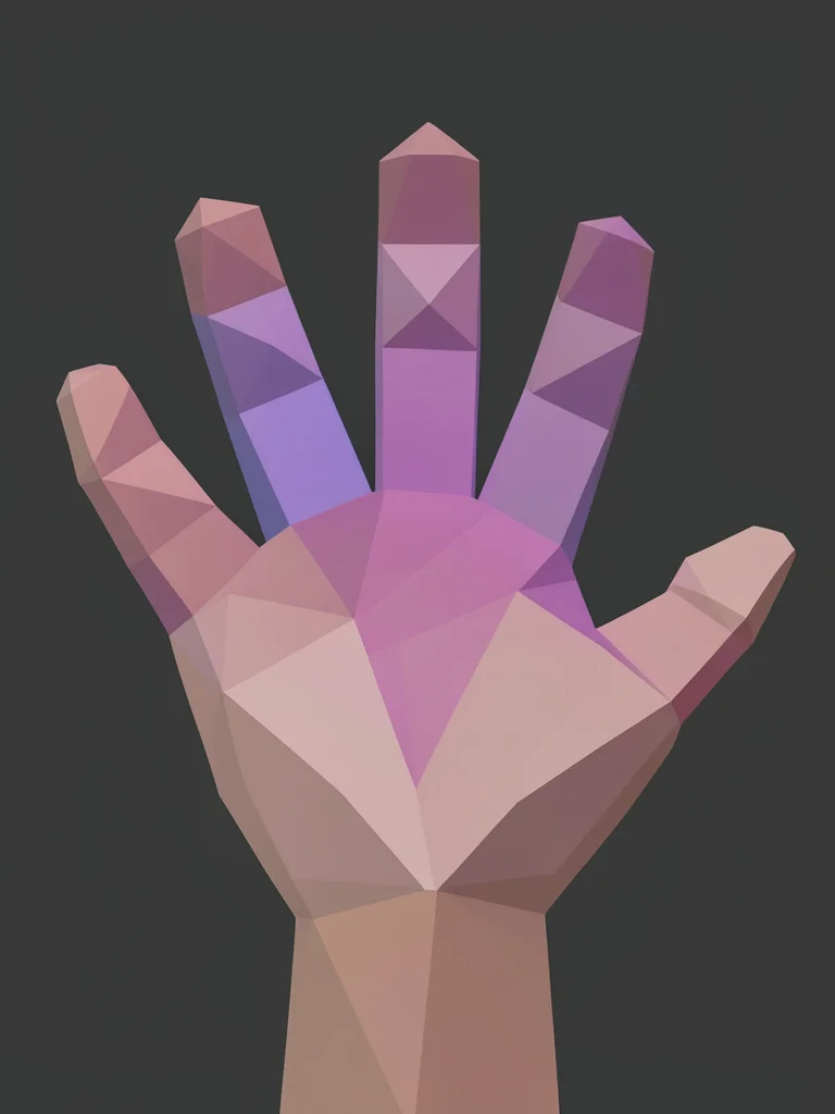 A geometric human hand open-palmed, every skin plane and knuckle a separate angl
