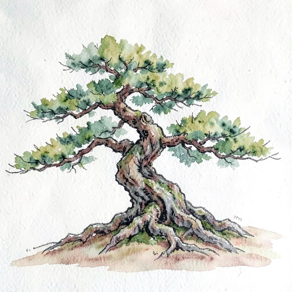 Gouache illustration of a windswept bonsai form, dynamic painterly strokes