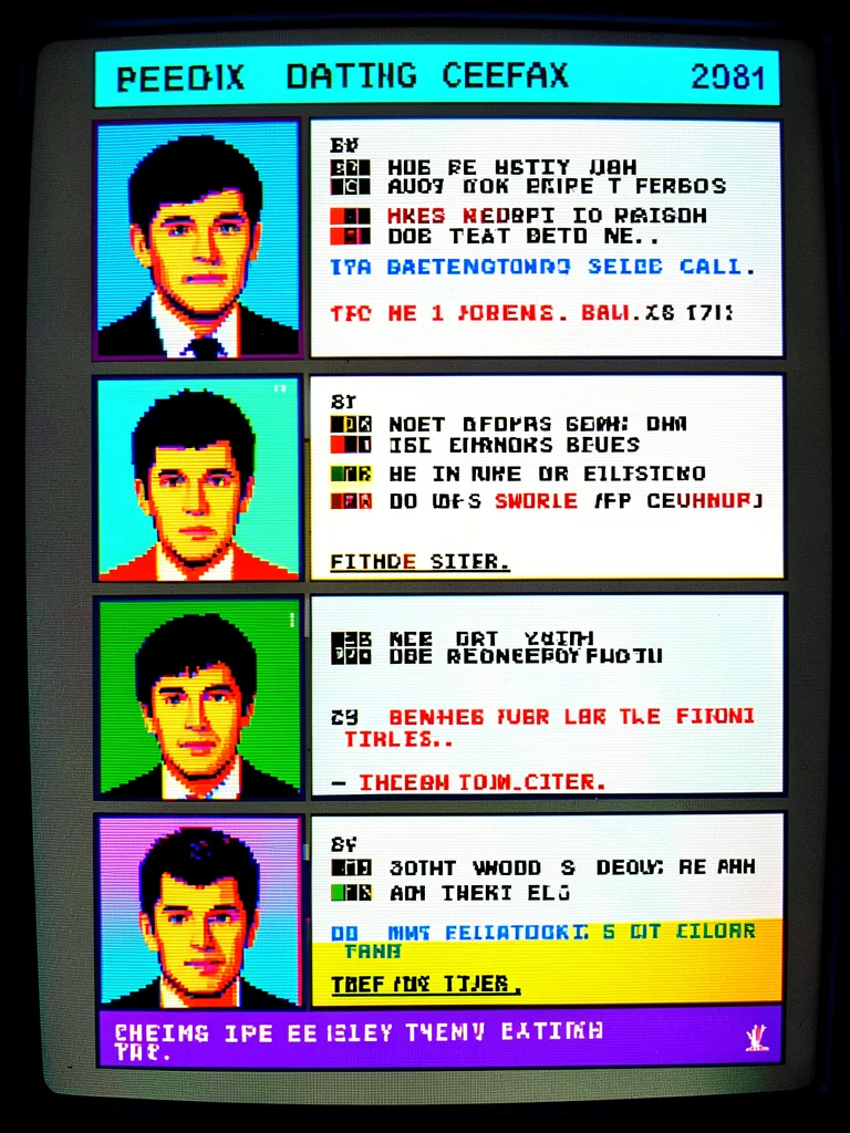 Dating app profiles as teletext pages, blocky portraits, bio text, swipe instruc