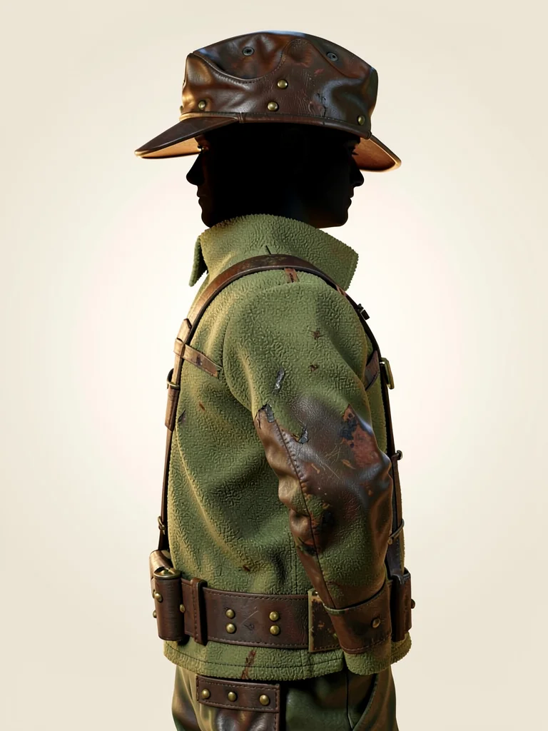 A pilot's silhouette in profile, fleece-collared, hands behind his back, leather