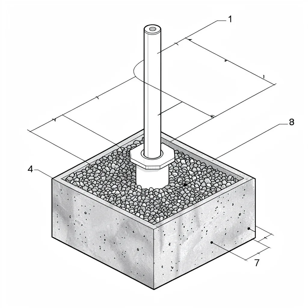 Exploded diagram of a post-in-concrete footing with gravel base and post anchor,
