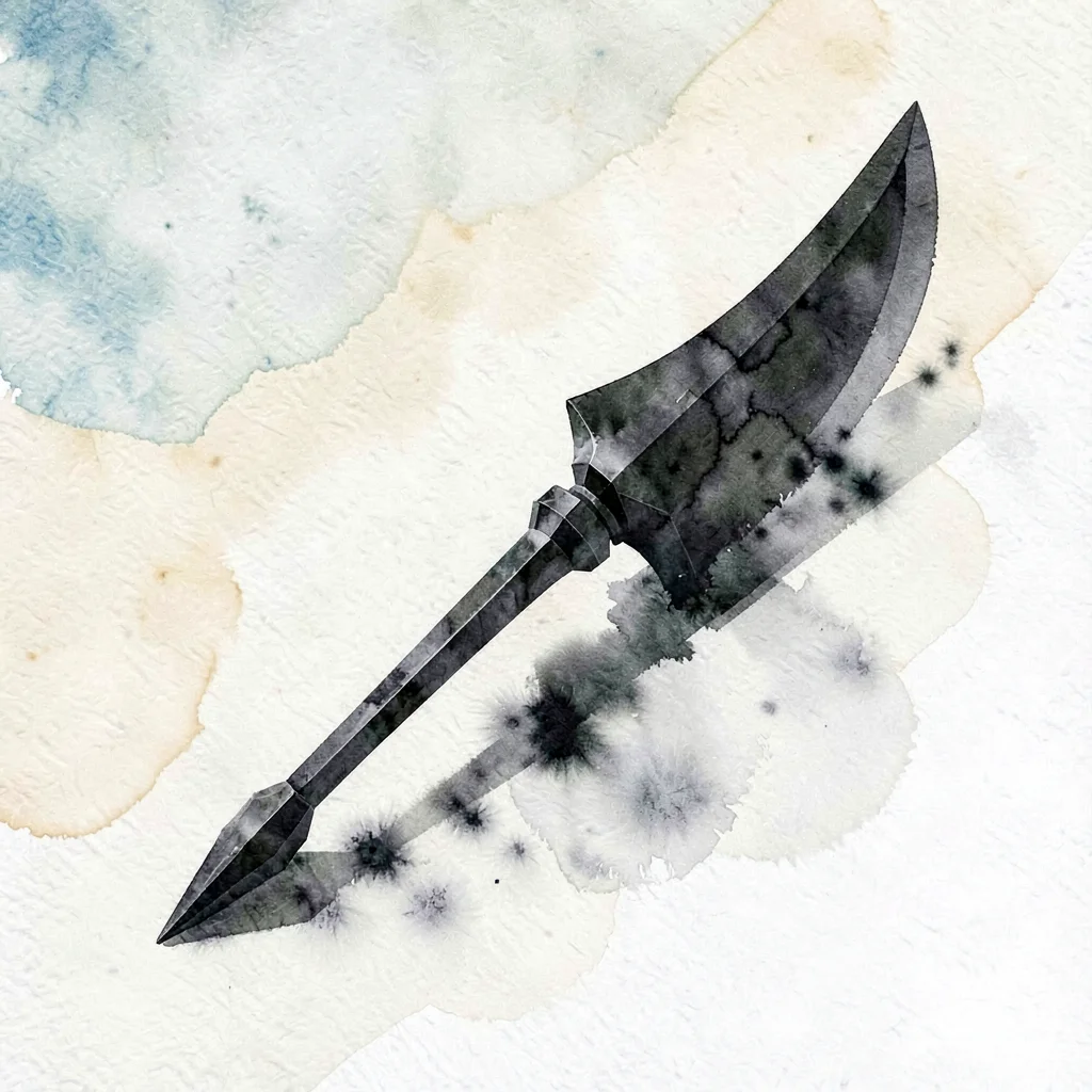 Hollow obsidian lowpoly scythe with a curved dark blade and slim faceted shaft t