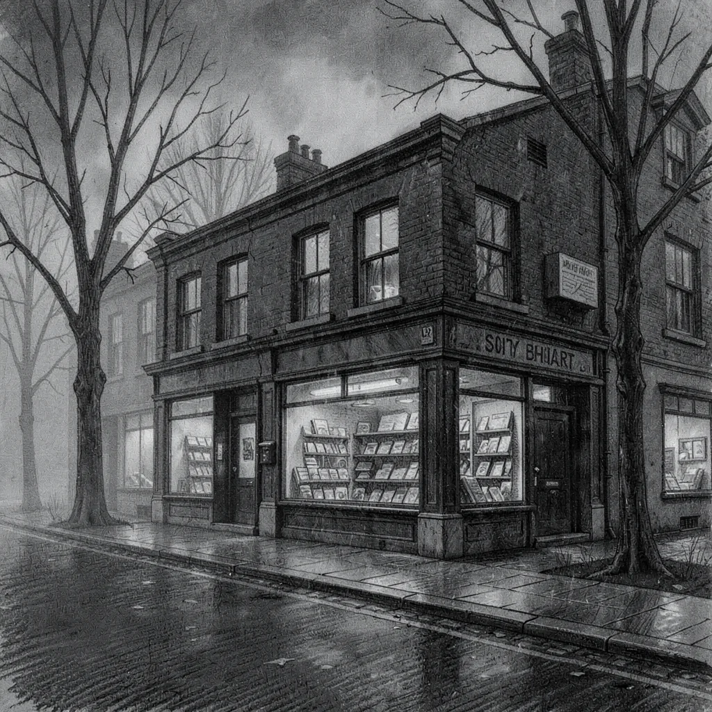 Editorial charcoal sketch of a cassette-shop facade across a misty street at dus