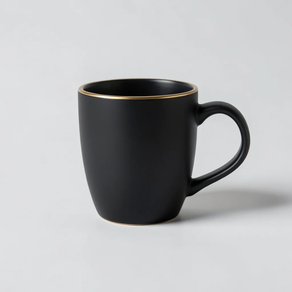 A matte black ceramic coffee mug, slightly tapered with a thin gold rim, on ligh