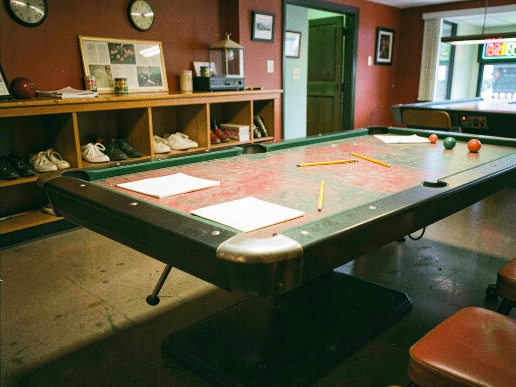 Bowling alley scoring table, pencils and paper, shoes in cubby, early 70s interi